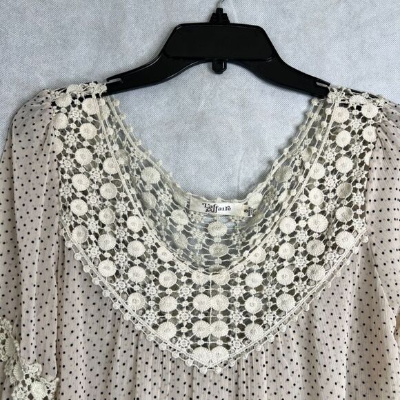 Laffaire Off White Lace Trim Semi Sheer Polka Dot 1/2 Sleeve Boho Blouse Sz SM - Picture 3 of 9
